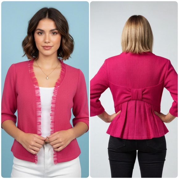 Kay Unger Sweaters - Kay Unger New York Pink Ruffle Cardigan with Bow Detail -- S
